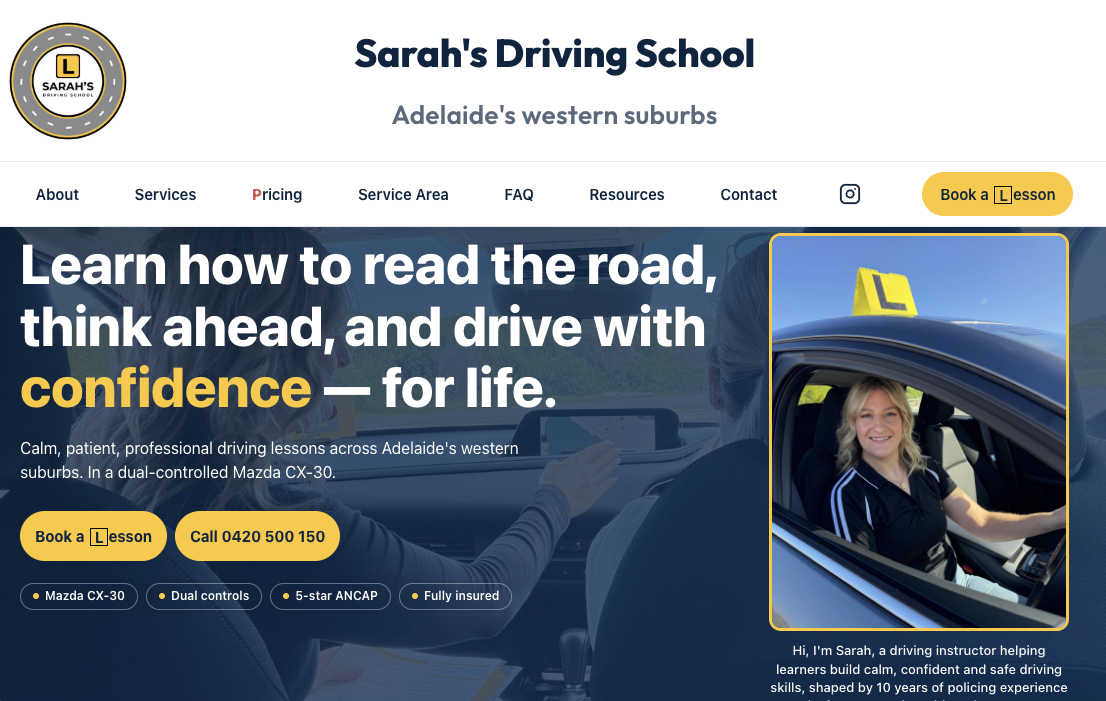 sarahsdrivingschool.com.au website